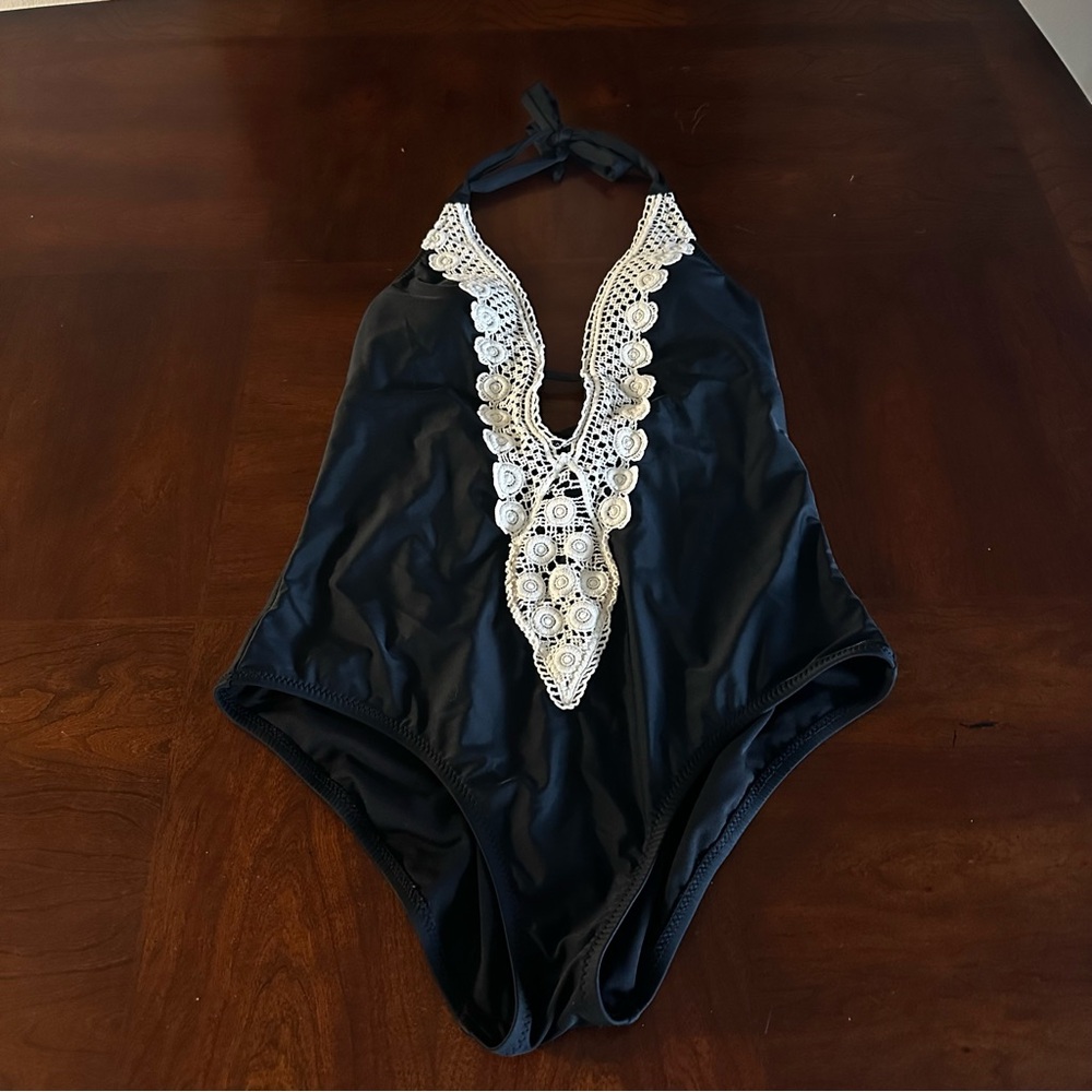 Kona Sol Black Bodysuit One Piece with Intricate Lace Detail